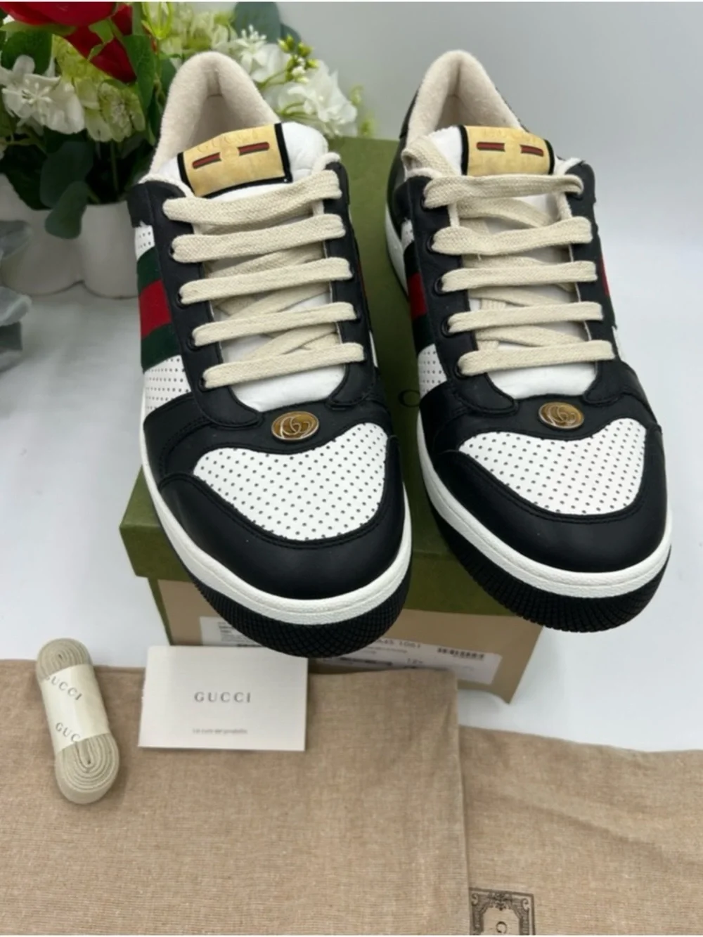 Men's Gucci screener web stripe leather sneakers size 14 US